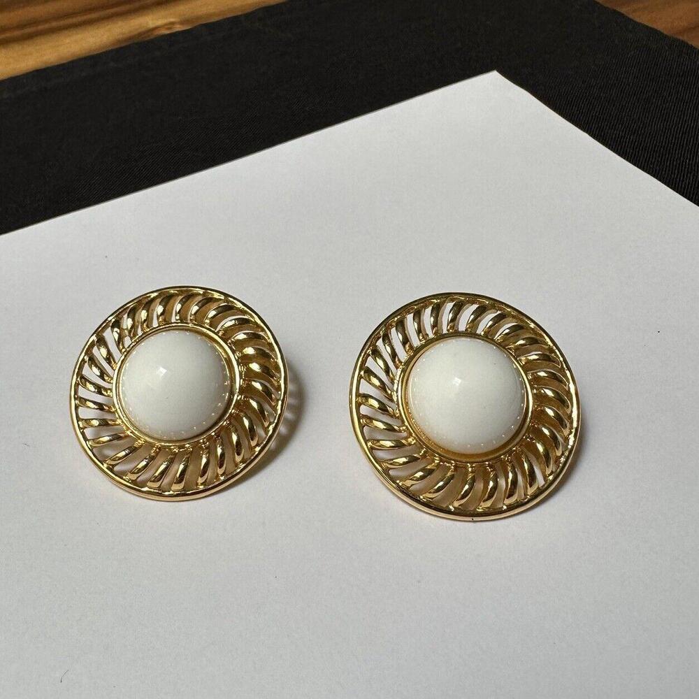 Signed Trifari White & Gold Tone Pierced Earrings